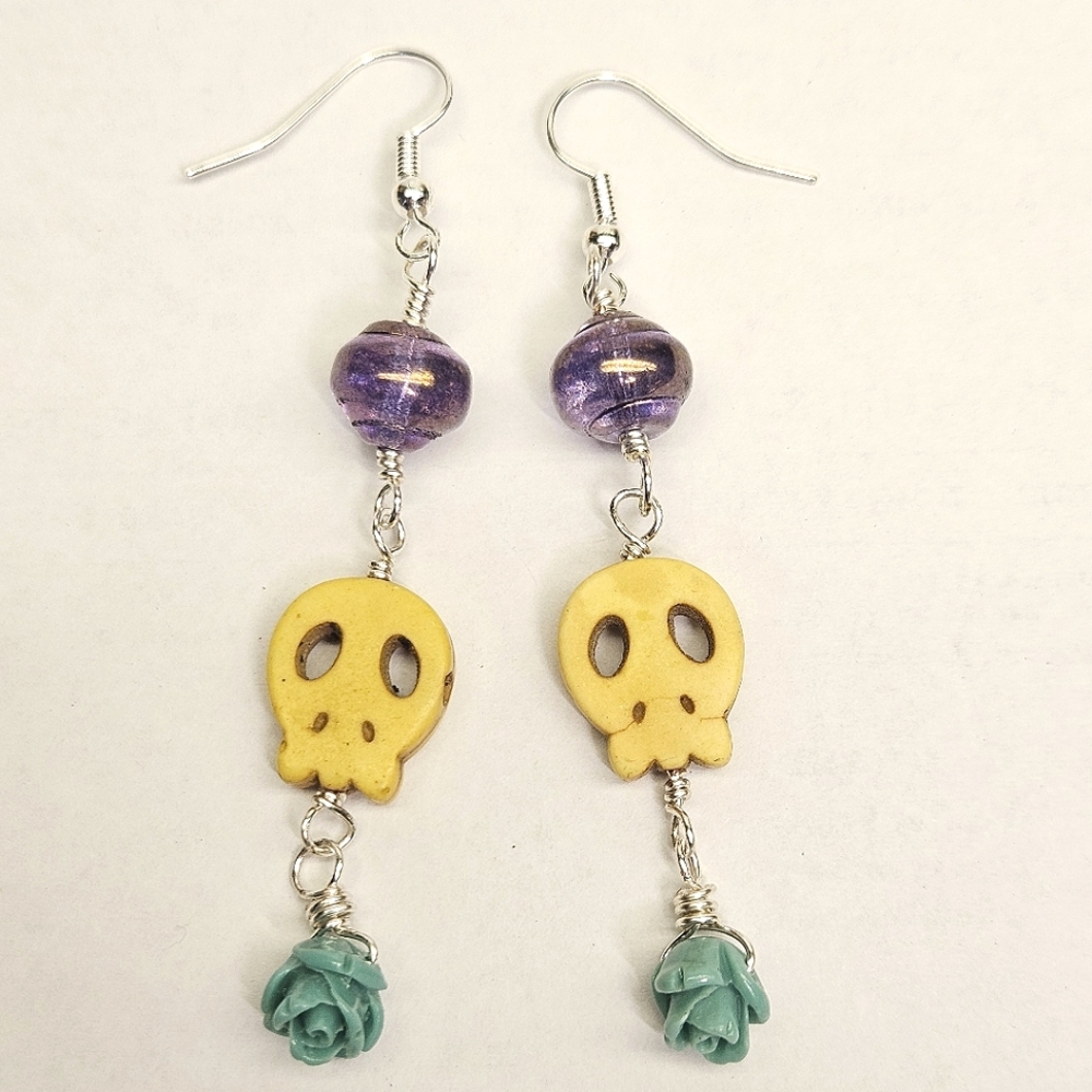 Yellow Dyed Howlite Beaded Skull Earrings